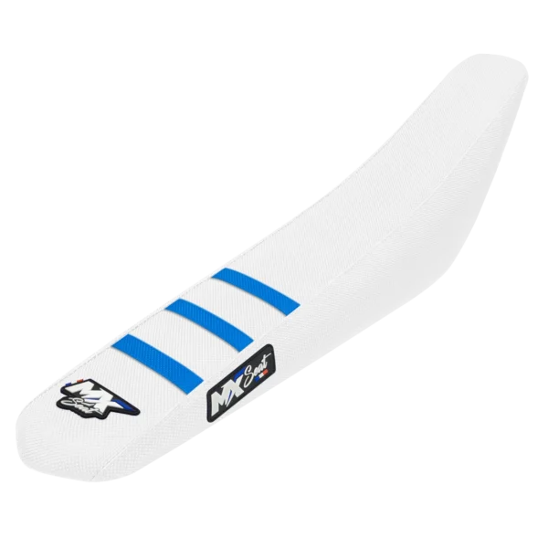 Housse de selle motocross TM Racing - Blanche et cyan 3 ribs