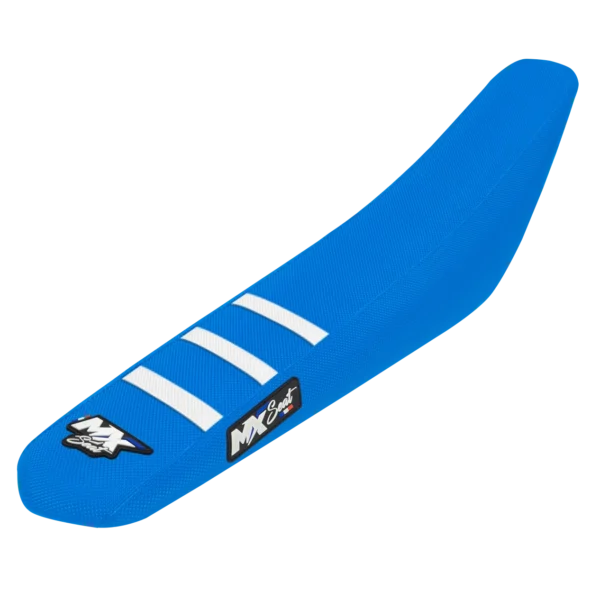 Housse de selle motocross TM Racing - Cyan et blanche 3 ribs