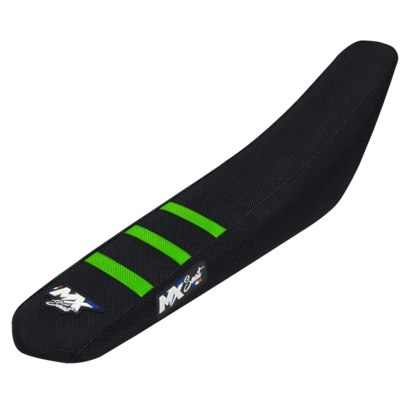 Housse de selle motocross Kawasaki - Noire et verte 3 ribs