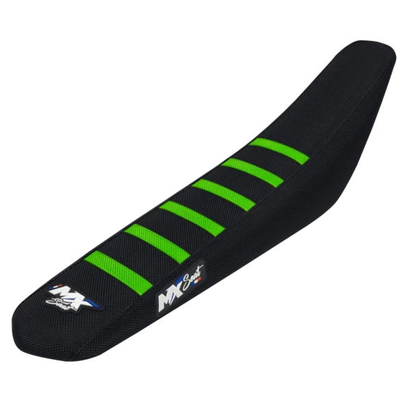 Housse de selle motocross Kawasaki - Noire et verte 6 ribs